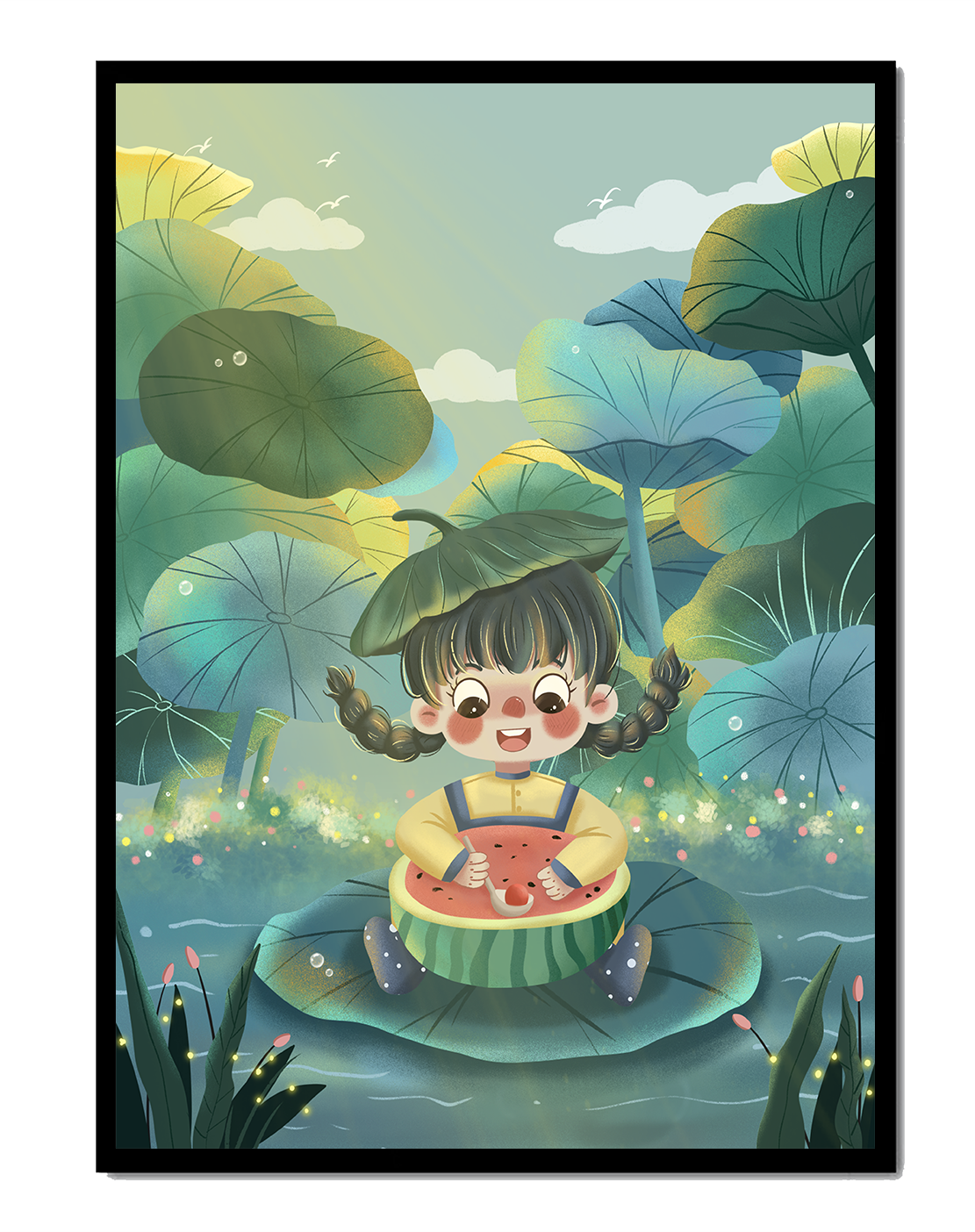 Charming illustration of a child enjoying watermelon amidst whimsical nature