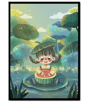 Charming illustration of a child enjoying watermelon amidst whimsical nature