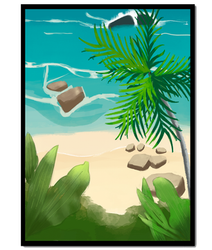 Serene tropical beach scene with lush greenery and calm waves