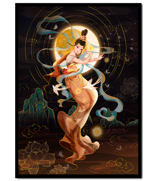 Elegant celestial dancer with gold elements in an ethereal fantasy scene