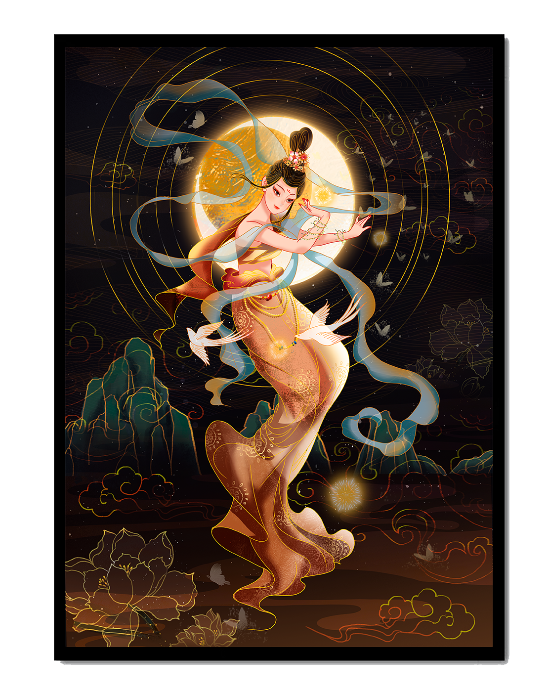 Elegant celestial dancer with gold elements in an ethereal fantasy scene