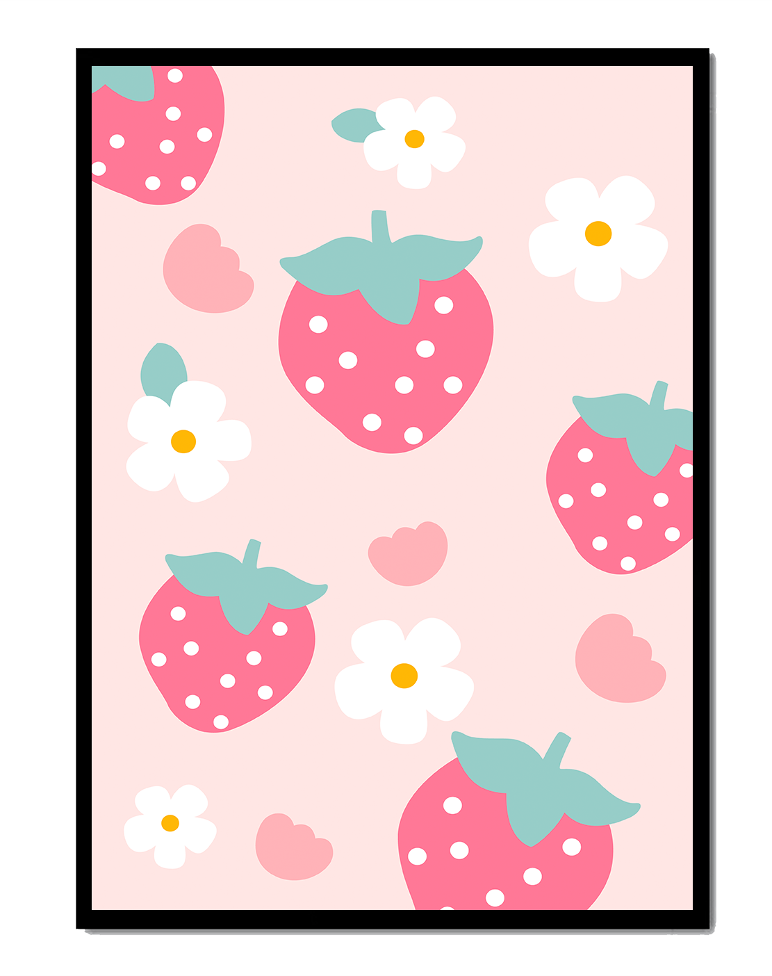 Playful strawberry and flower pattern on a pastel background