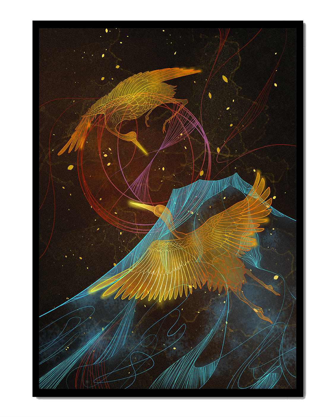Elegant Cranes in Cosmic Dance with Golden and Blue Accents