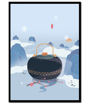 Peaceful winter landscape with kettle and cherry blossoms