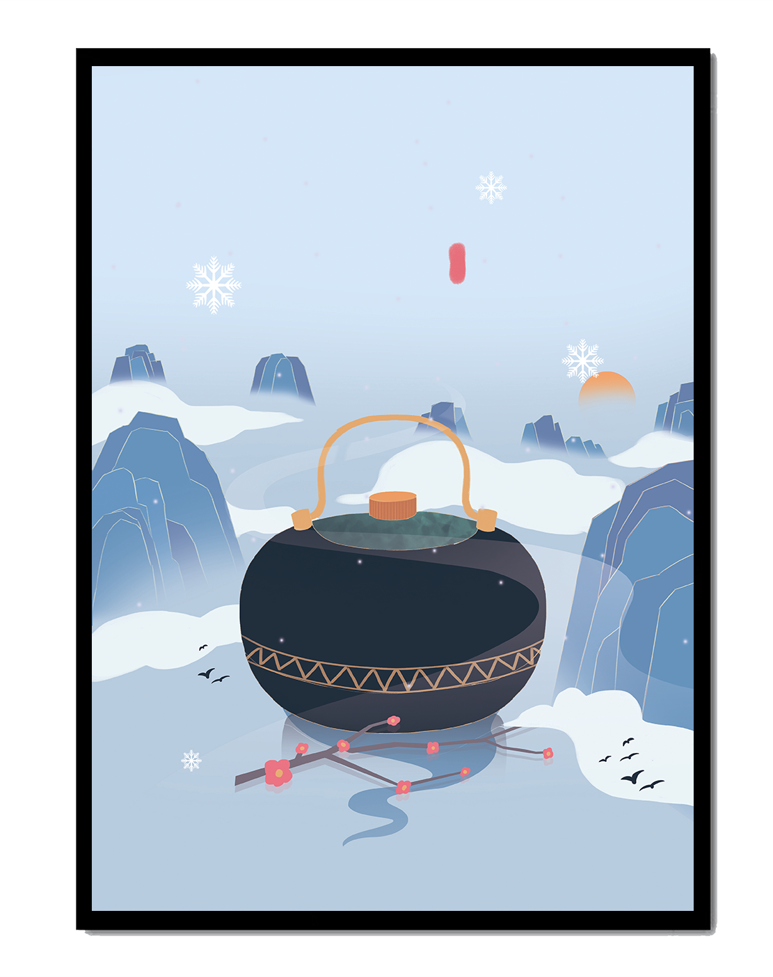 Peaceful winter landscape with kettle and cherry blossoms