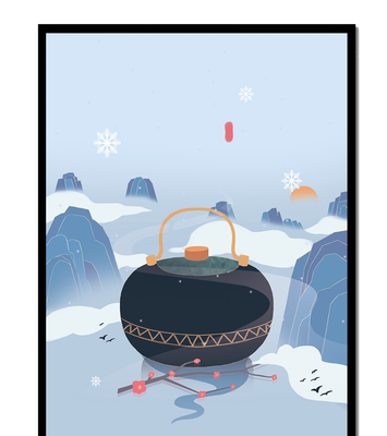 Peaceful winter landscape with kettle and cherry blossoms