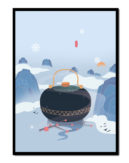 Peaceful winter landscape with kettle and cherry blossoms
