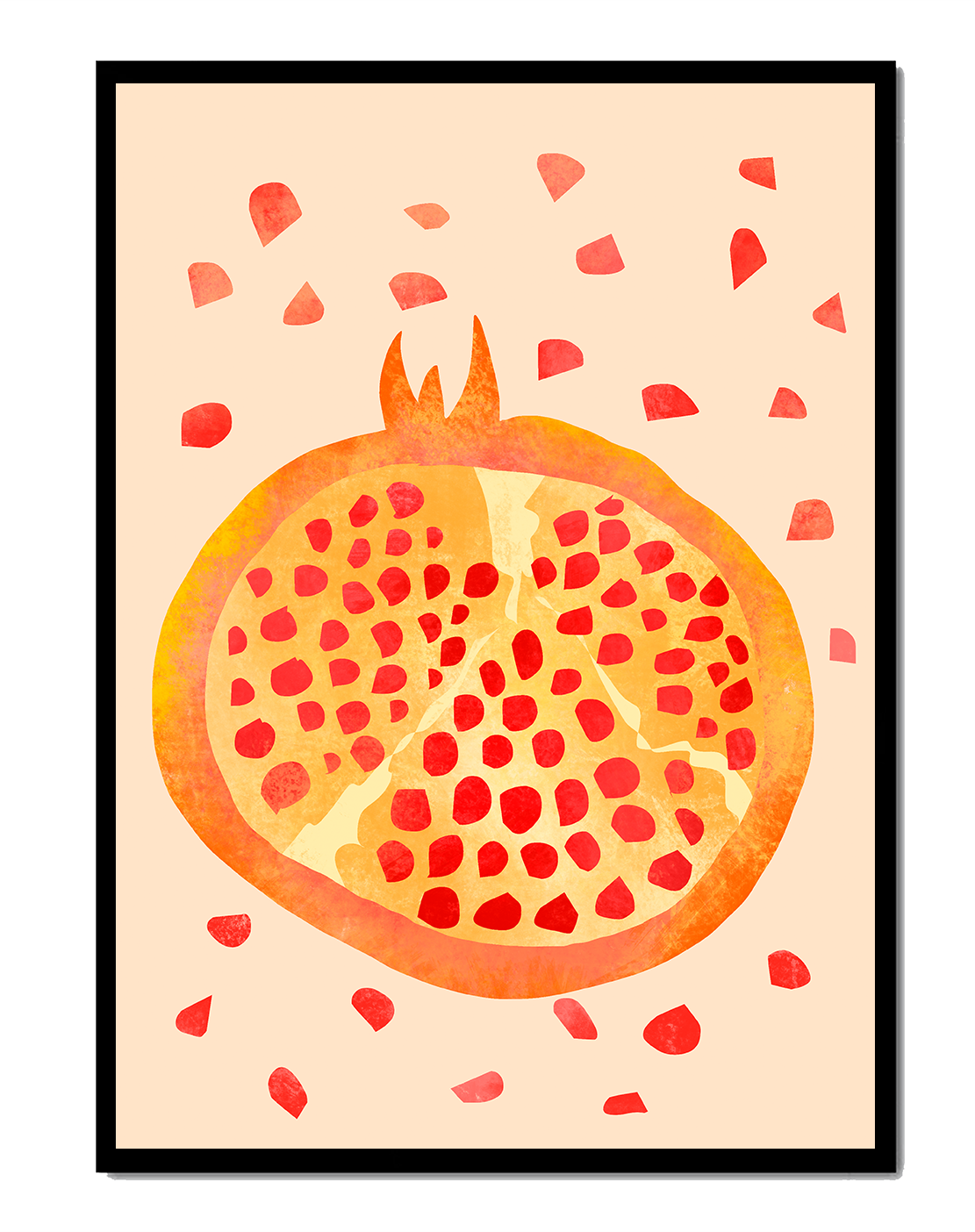 Colorful abstract pomegranate illustration with scattered seeds