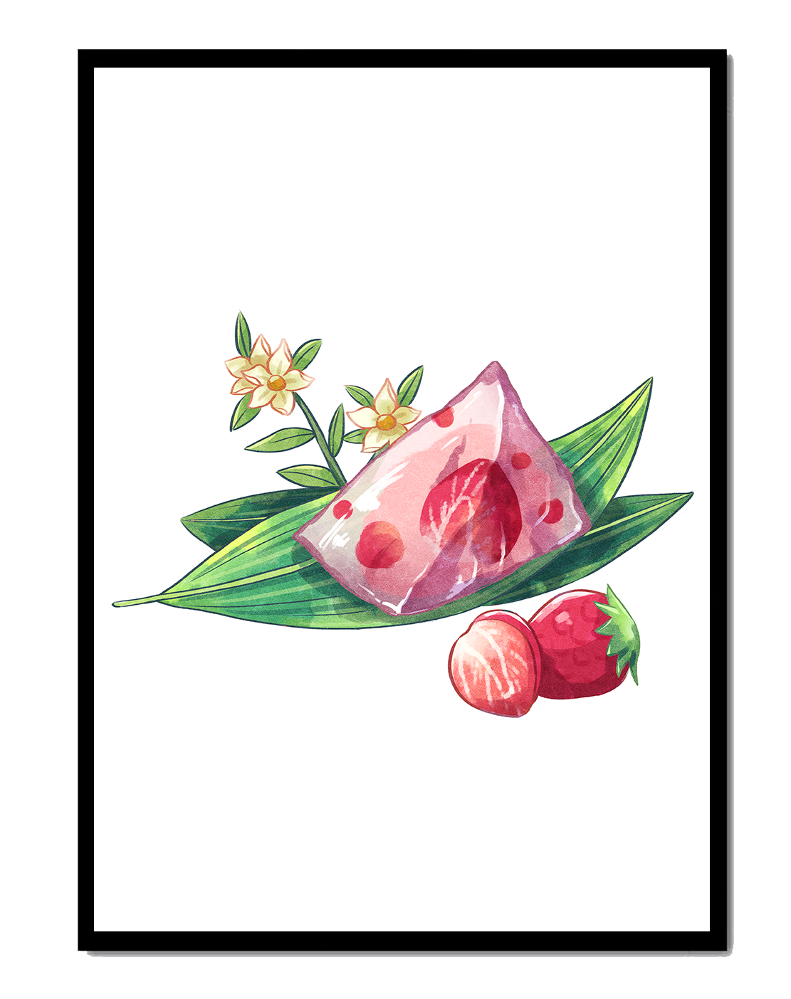 Delicate jelly dessert with strawberries and floral arrangement