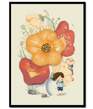 Charming Illustration of Children among Large Flowers with Playful Puppy