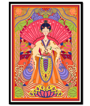 Ilustración oriental colorida con motivos de peces koi y loto