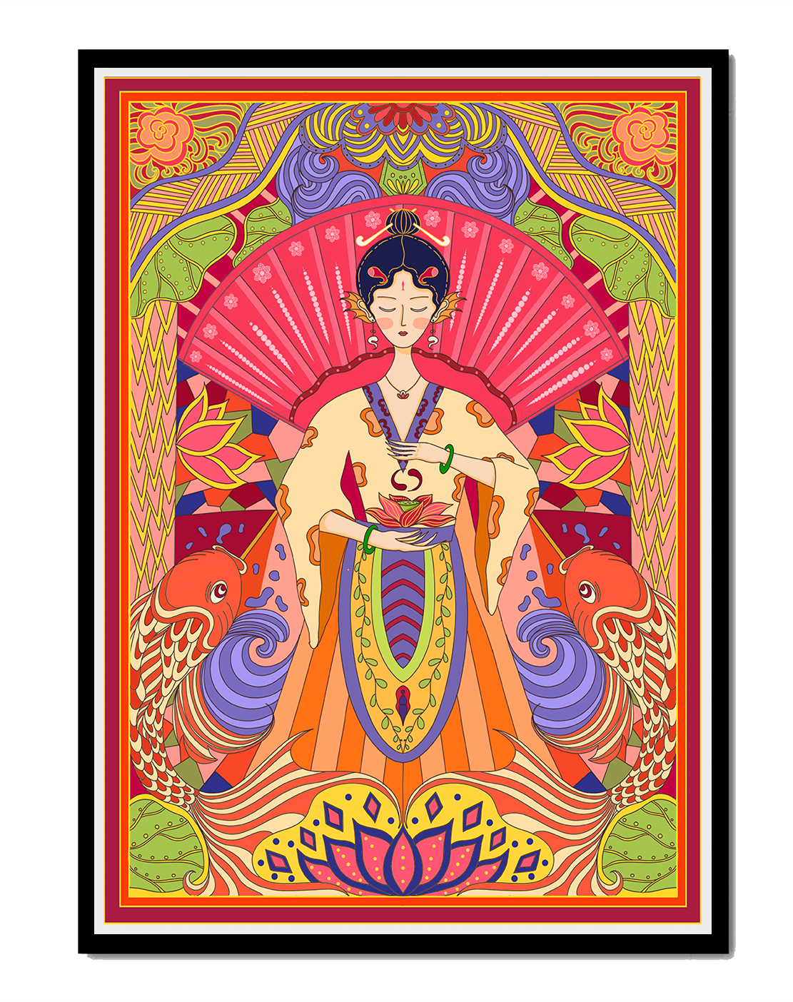 Ilustración oriental colorida con motivos de peces koi y loto