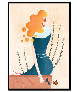 Woman with Floral Decor and Flowing Hair in Minimalist Art - Mi tienda