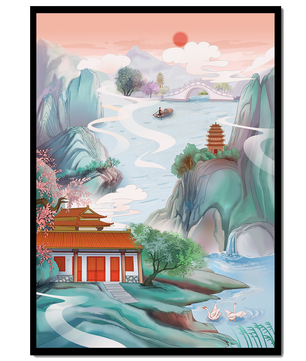Ruhige Landschaft mit traditioneller asiatischer Architektur und Naturelementen