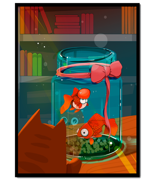 Neugierige Katze beobachtet Goldfische in einem Glas auf einem Bücherregal