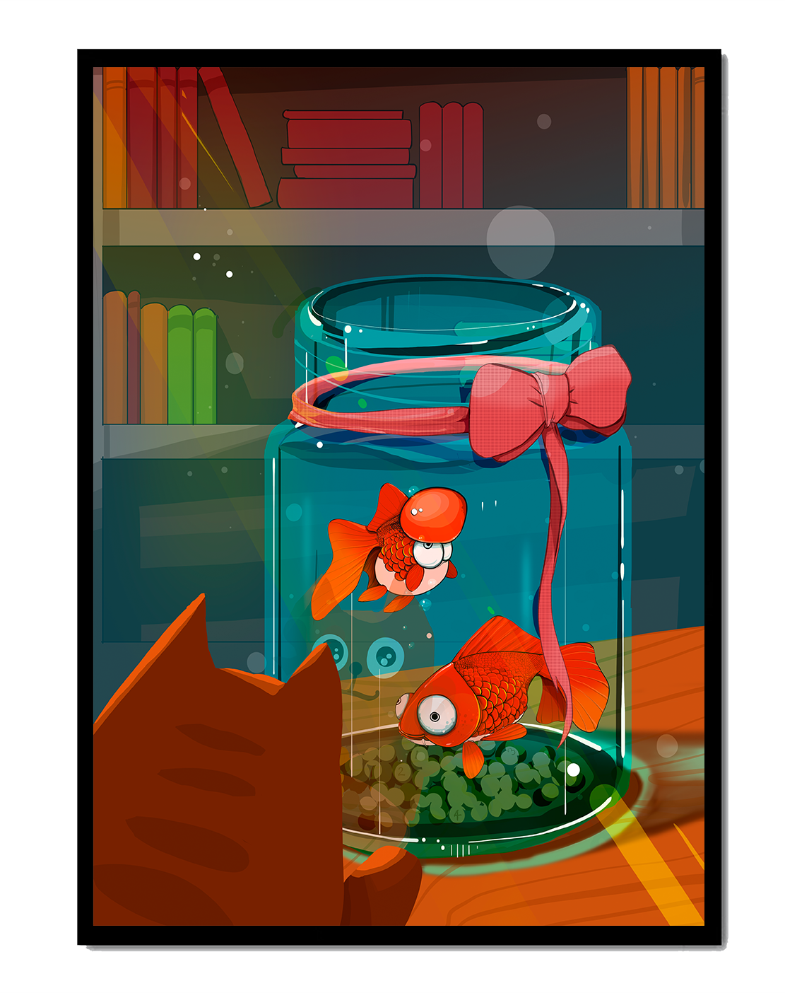 Neugierige Katze beobachtet Goldfische in einem Glas auf einem Bücherregal