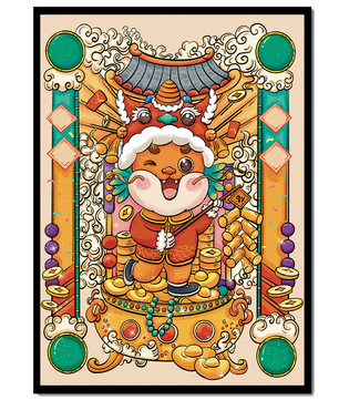 Bunte Illustration eines niedlichen Tieres in traditioneller Festtagskleidung mit goldenen Elementen