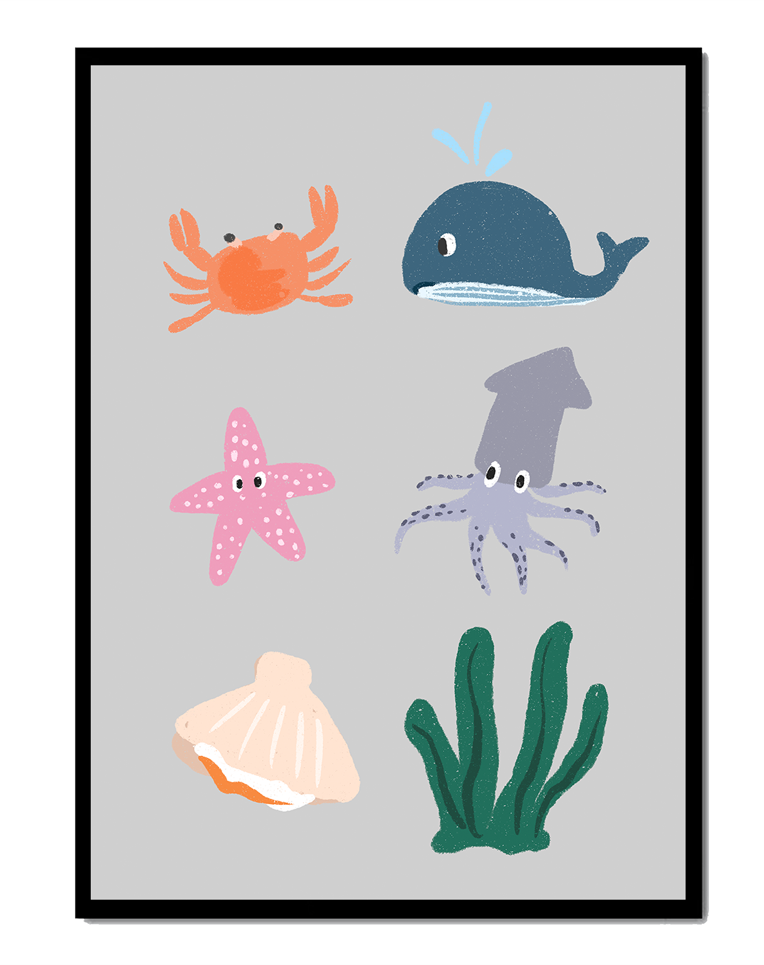 Illustration of whimsical sea creatures and marine elements on a grey background
