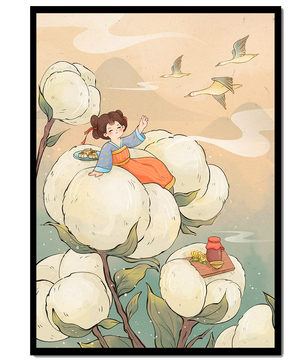 Illustration d'une fille sur des fleurs géantes avec des oiseaux volants et de la nourriture