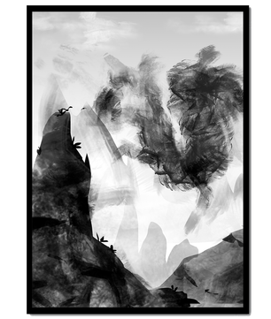 Paisaje monocromático con montañas y nubes abstractas