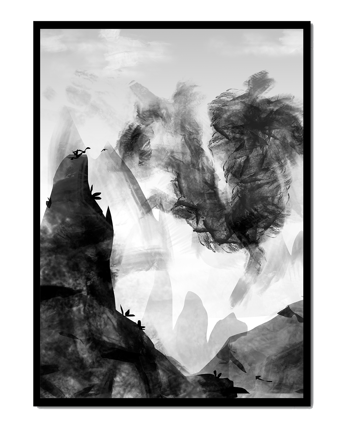 Paisaje monocromático con montañas y nubes abstractas