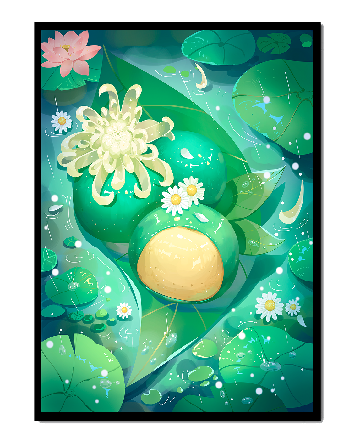 Lush aquatic scene with lotus flowers and green leaves