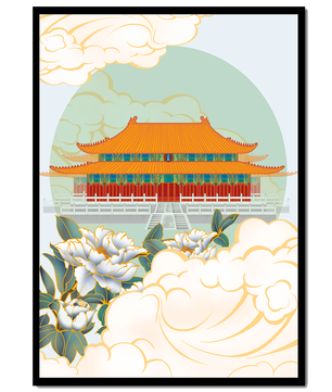 Traditional Asian palace illustration with floral and cloud motifs