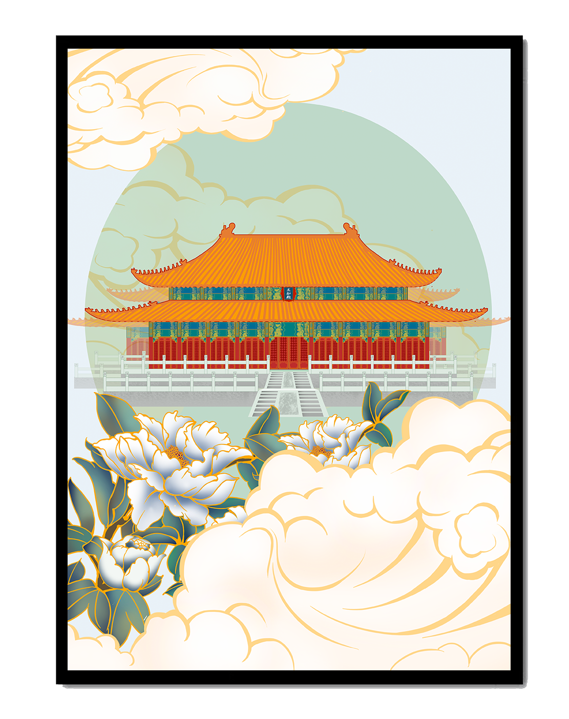 Traditional Asian palace illustration with floral and cloud motifs
