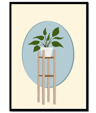 Illustration botanique moderne d'une plante en pot sur un support en bois