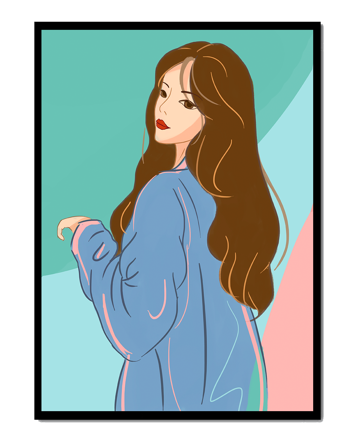 Illustration of woman with long hair and blue jacket