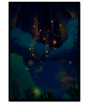 Enchanted night forest with glowing fireflies and dense foliage