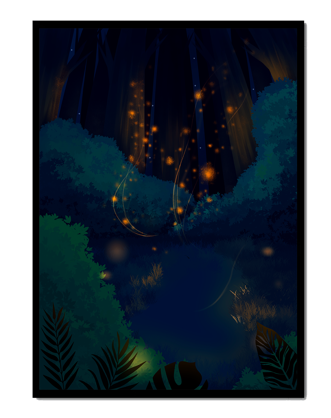 Enchanted night forest with glowing fireflies and dense foliage