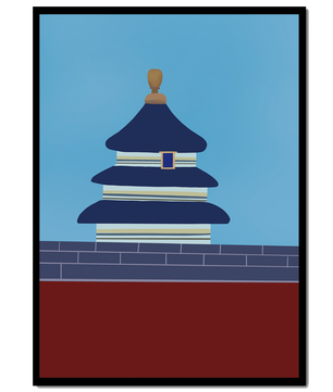 Ilustración abstracta del Templo del Cielo con detalles azules y dorados