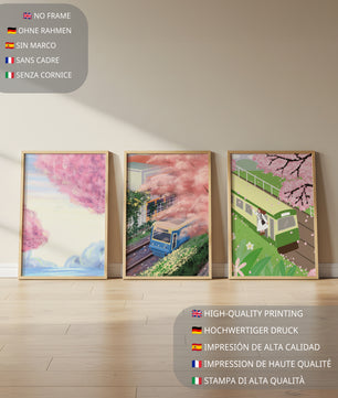 Ensemble de trois tableaux avec des paysages de cerisiers et des trains