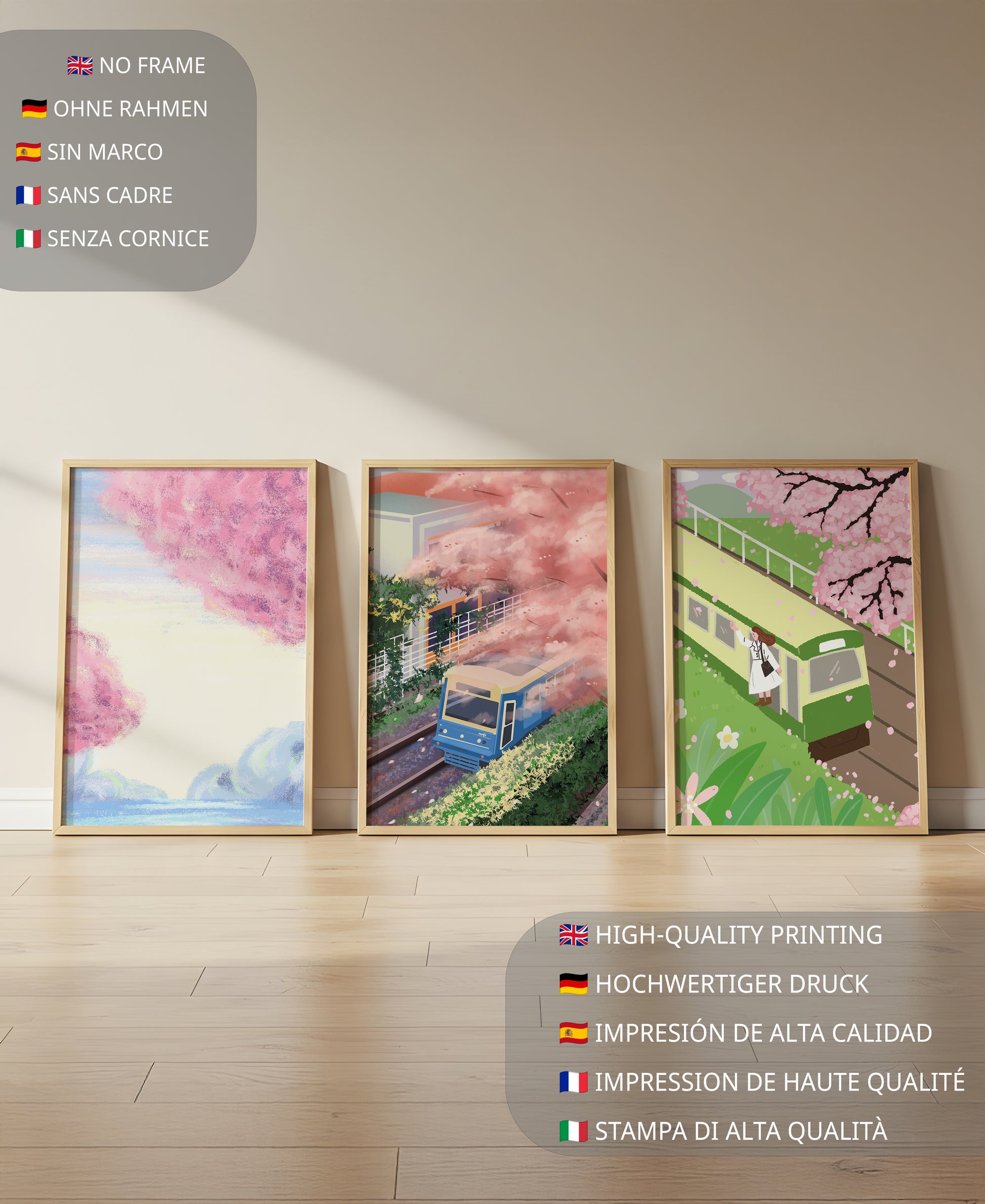 Ensemble de trois tableaux avec des paysages de cerisiers et des trains