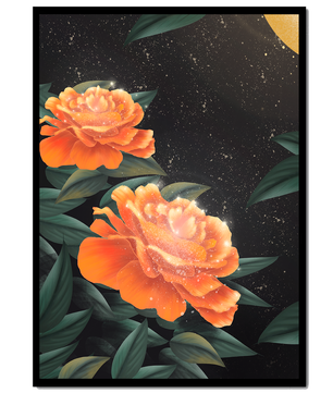 Fantasía floral elegante con flores naranjas vibrantes y un brillo dorado