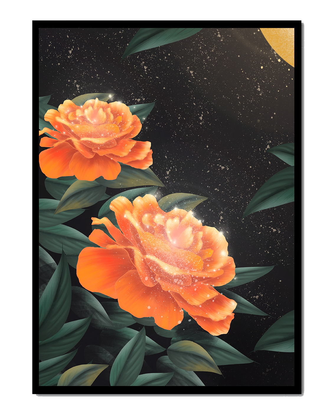 Fantasía floral elegante con flores naranjas vibrantes y un brillo dorado