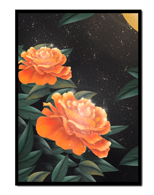 Elegant floral fantasy with vibrant orange blooms and golden glow
