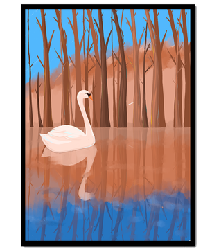 Serene swan on calm water with reflections of trees