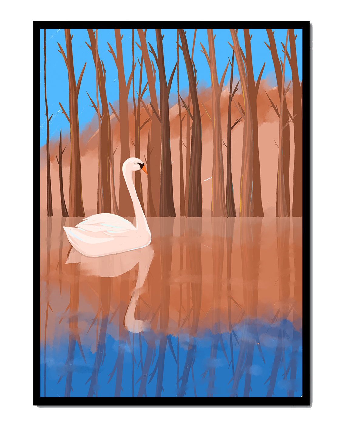 Serene swan on calm water with reflections of trees