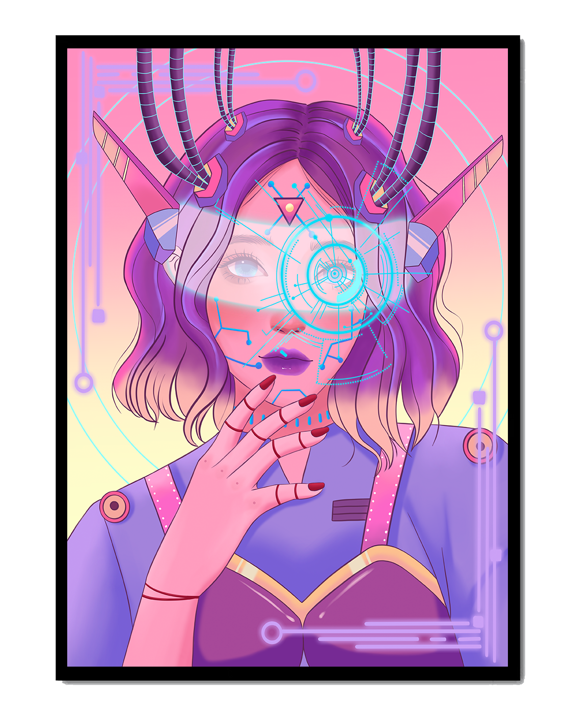 Futuristic digital art featuring a cybernetic woman with a holographic interface