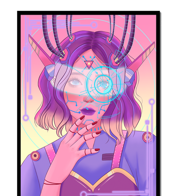Futuristic digital art featuring a cybernetic woman with a holographic interface