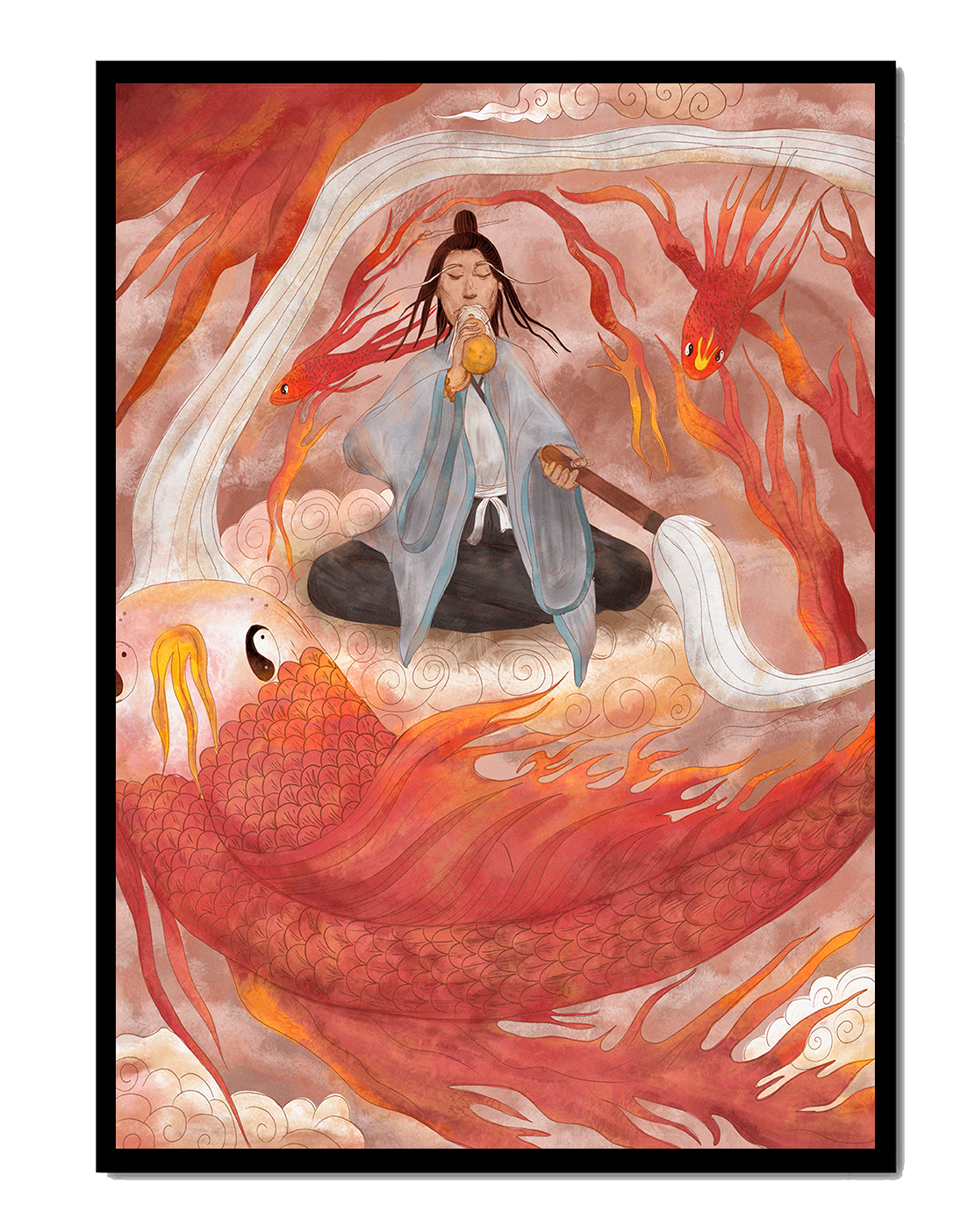 Serene meditation with mystical elements and mythical creatures