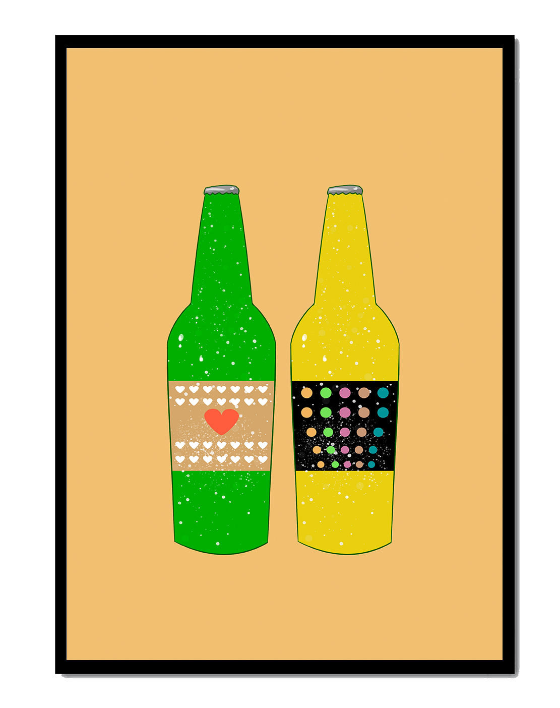 Illustration of colorful beer bottles with artistic labels
