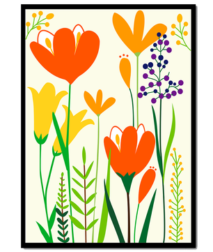 Bright Floral Illustration with Orange, Yellow, and Purple Flowers in Bold Colors