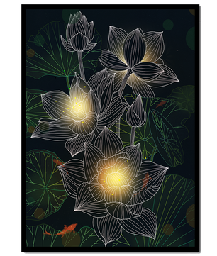 Lotus Flowers with Glowing Accents and Koi Fish Underwater