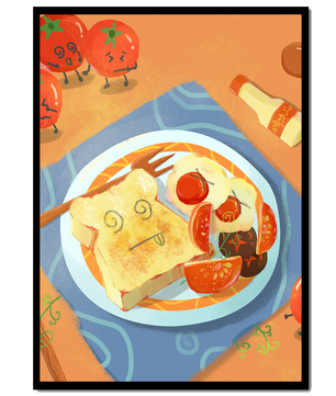 Whimsical Breakfast with Animated Tomatoes and Toast on a Bright Plate