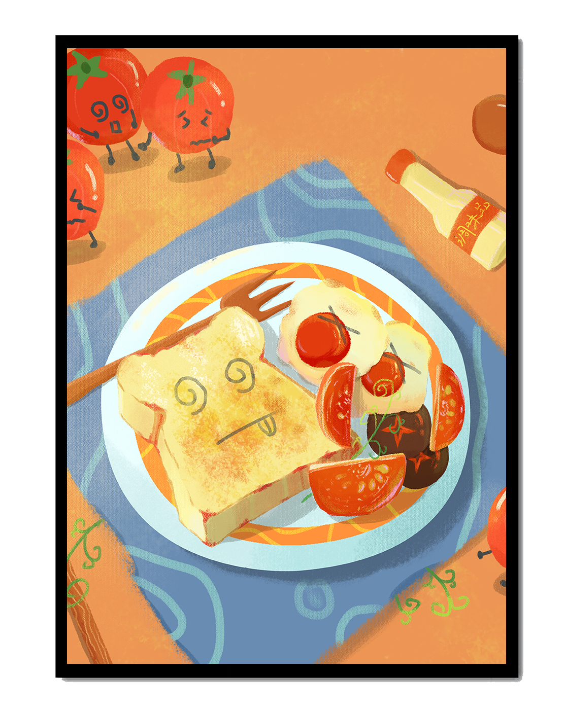 Desayuno caprichoso con tomates animados y tostadas en un plato brillante