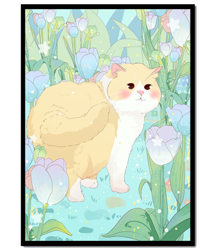 Charmante illustration d’un chat dans un jardin luxuriant de tulipes