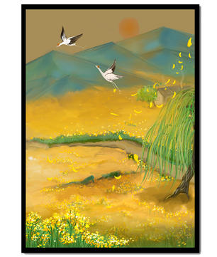 Ruhige Landschaft mit fliegenden Kranichen und goldenen Blüten